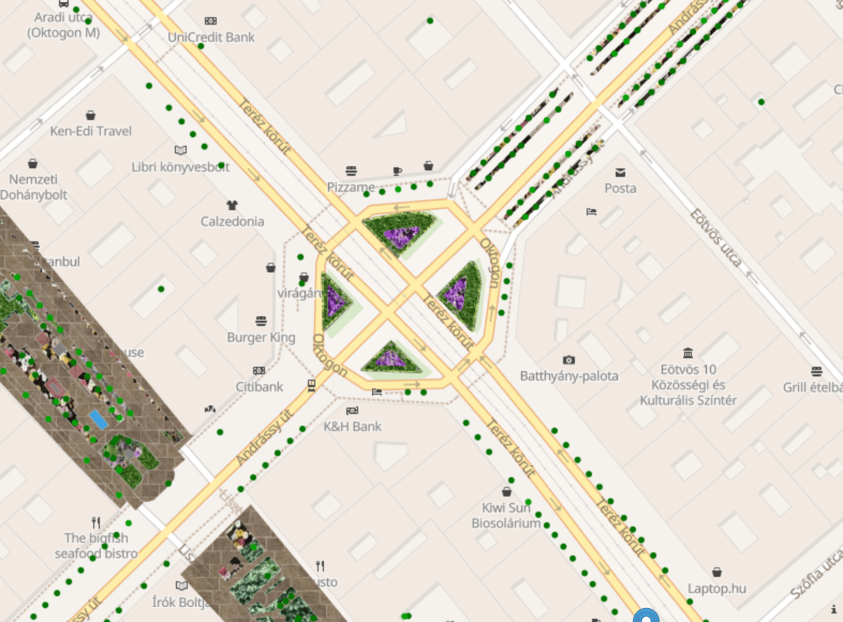 Hogyan támogatja a Budapest Fatár a lakosság bevonását és a zöldterületek védelmét: BP Fatár térinformatikai szoftver térképes megjelenítése a budapesti Oktogonról, a fák és zöldfelületek pontos megjelölésével - Info-Garden